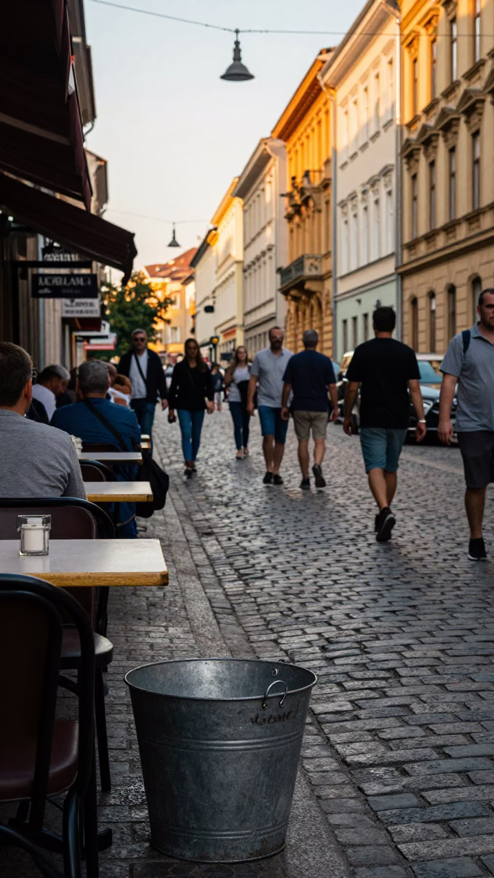 Busy Budapest Street Scene Late Afternoon with Metal Bucket and Ink Bottle on Cobblestones in in Budapest, Hungary