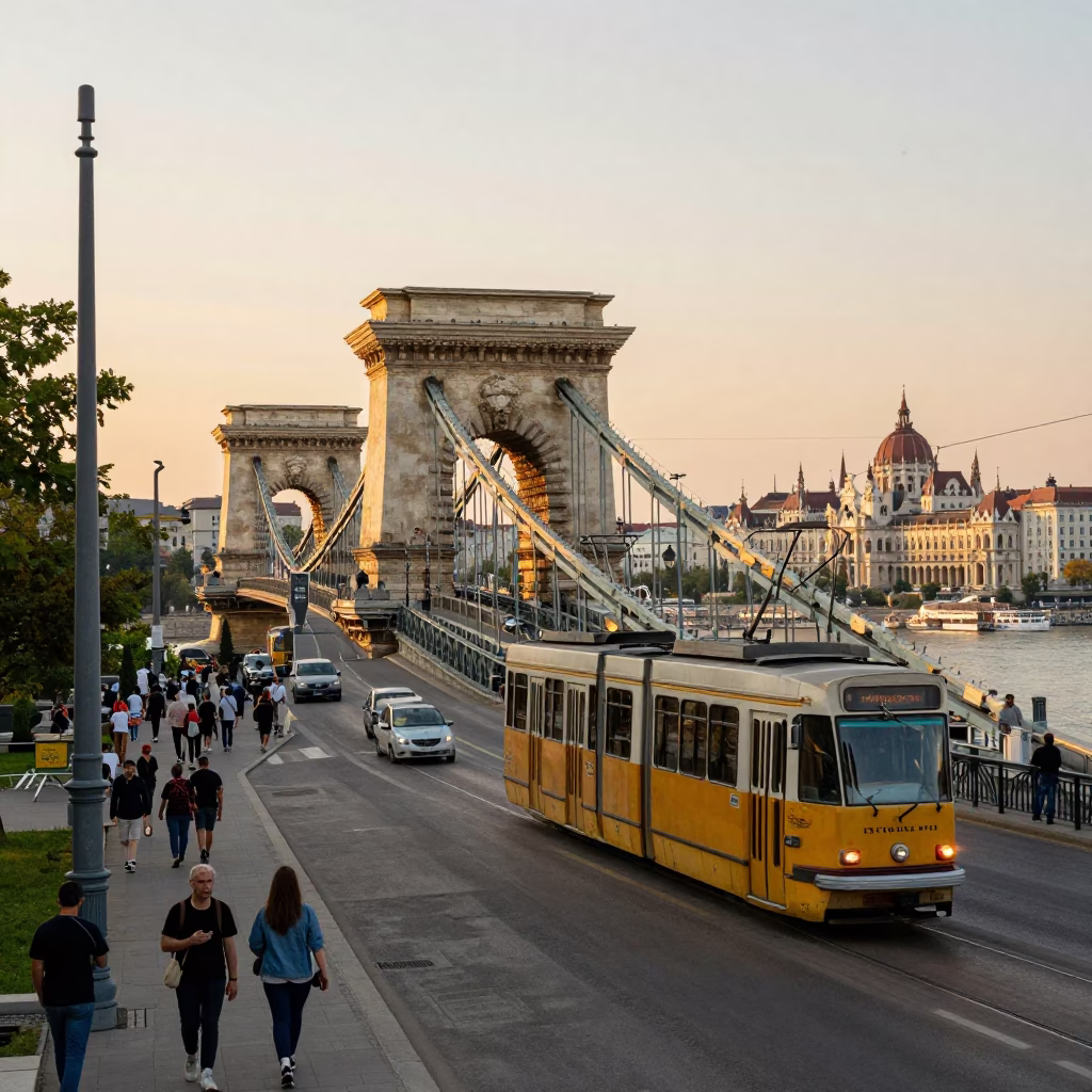 Busy Budapest Street Scene Late Afternoon with Tram and Pedestrians Near Chain Bridge in in Budapest, Hungary