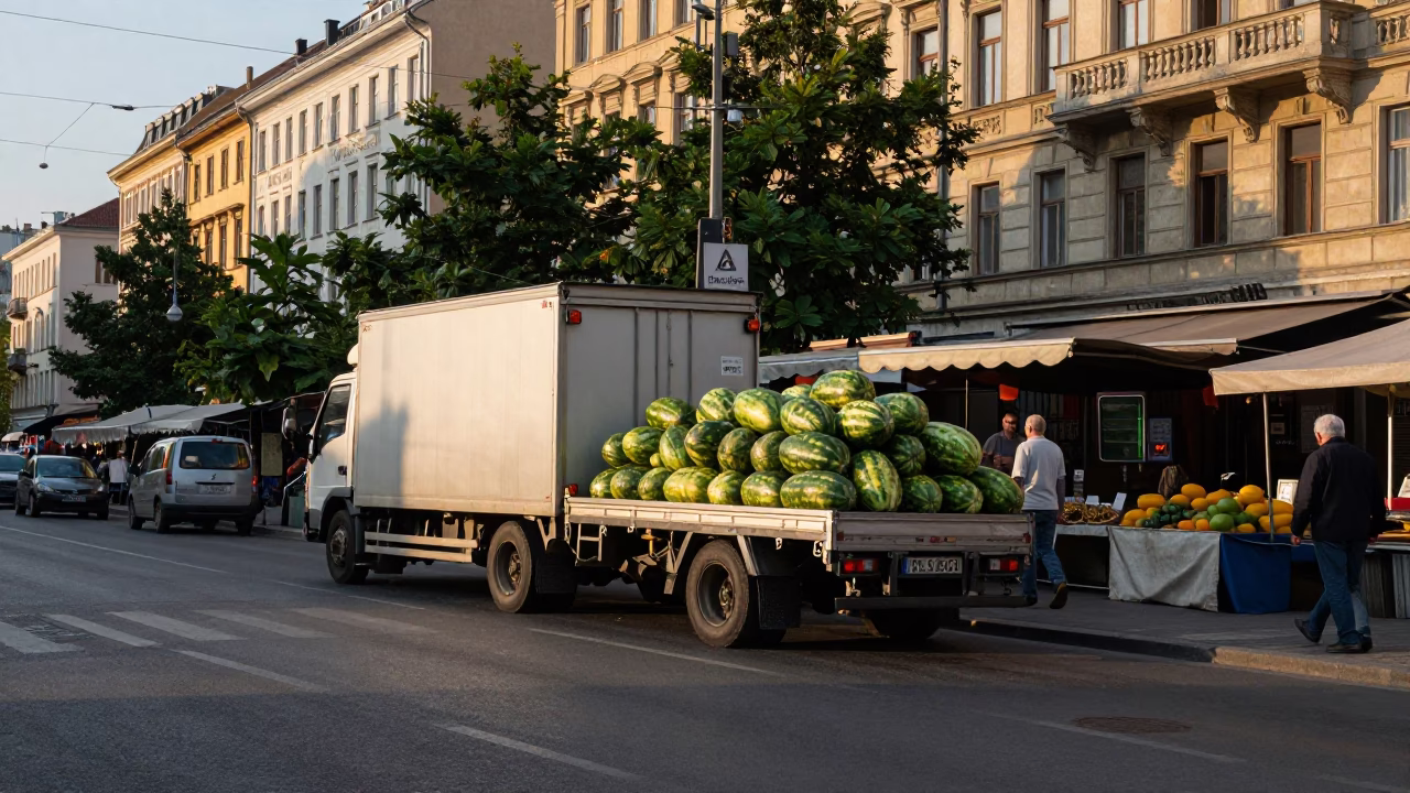 Busy Budapest Street Scene Late Afternoon with Truck and Local Market Activity in in Budapest, Hungary