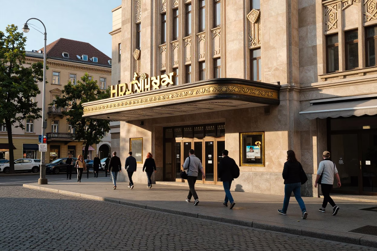 Busy Budapest Street Scene Late Morning with Art Deco Cinema Facade and Daily Life in in Budapest, Hungary