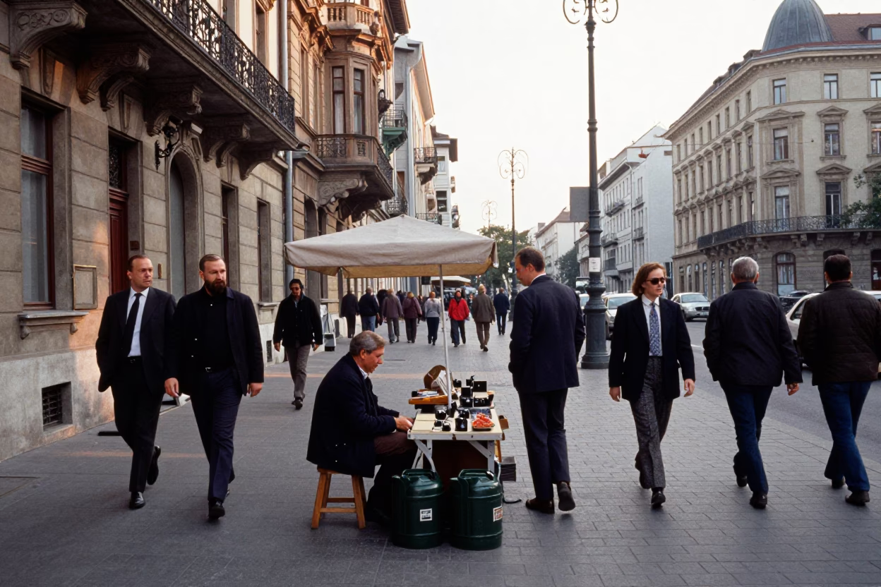 Busy Budapest Street Scene Late Morning with Canister Set and Local Market Activity in in Budapest, Hungary