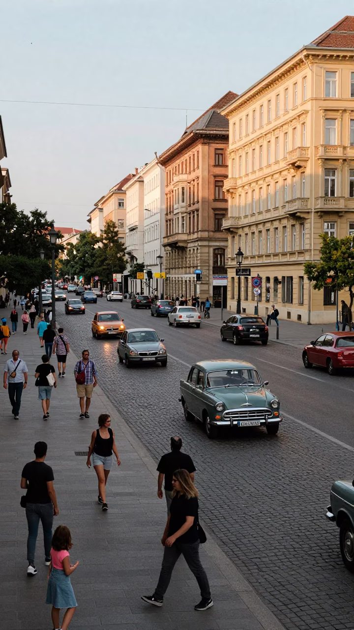 Busy Budapest Street Scene Late Morning with Classic Cars and Pedestrians in in Budapest, Hungary