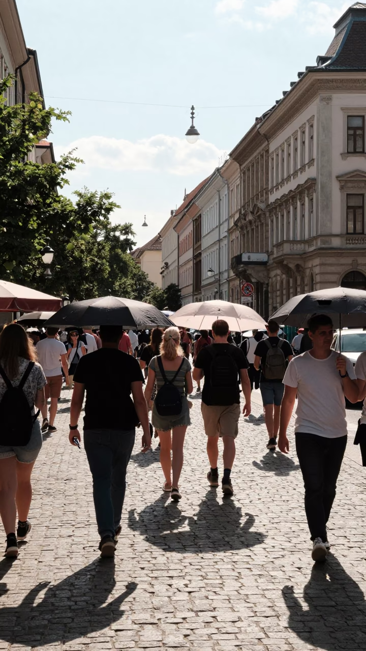 Busy Budapest Street Scene Late Morning with Umbrellas and Urban Life in in Budapest, Hungary