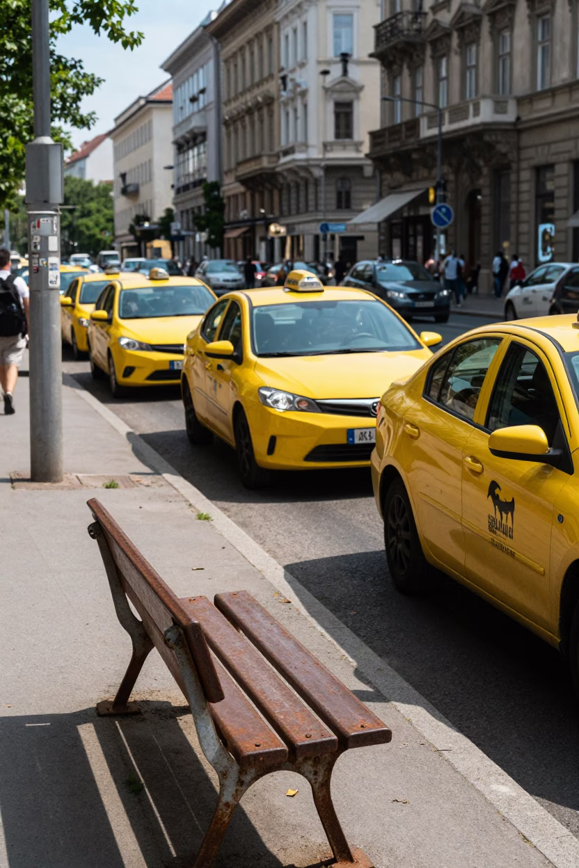 Busy Budapest Street Scene Midday with Rusty Bench and Taxi Rank in in Budapest, Hungary