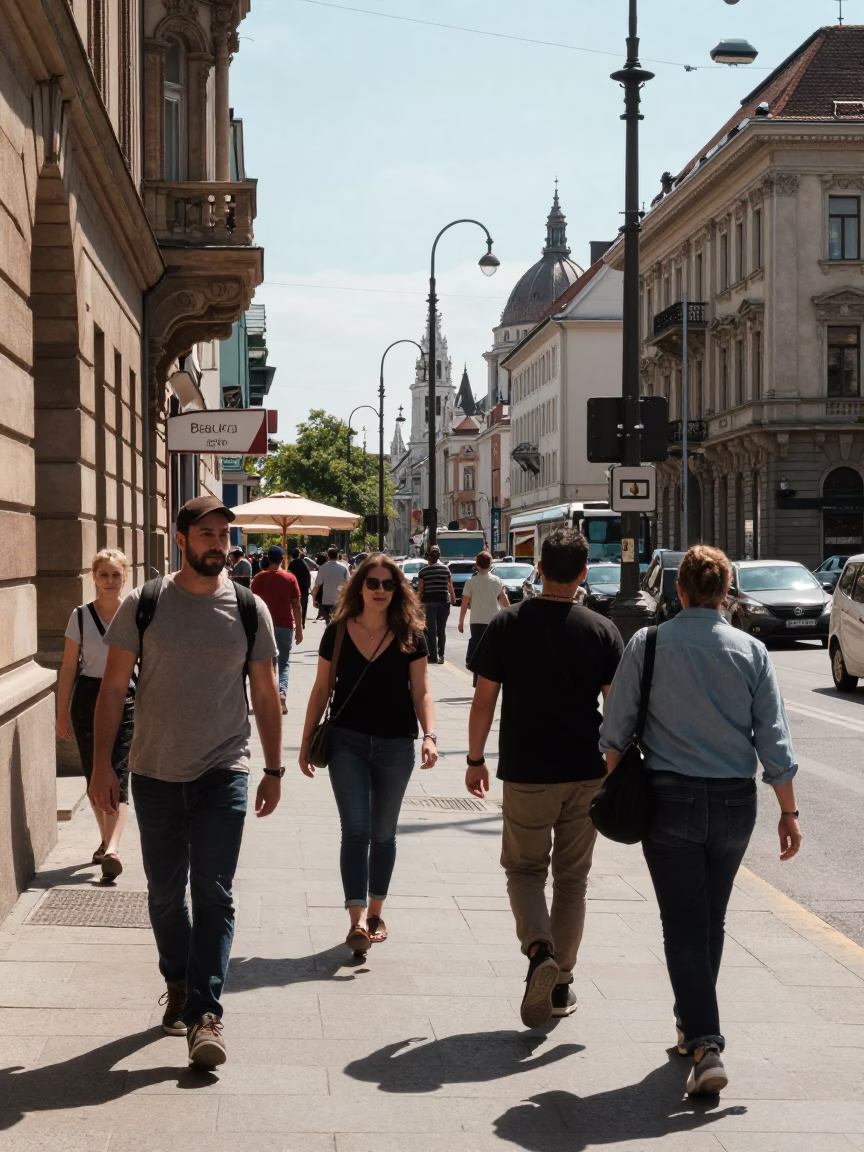 Busy Budapest Street Scene Under Flat Noon Glare with Local Elements and Urban Details in in Budapest, Hungary