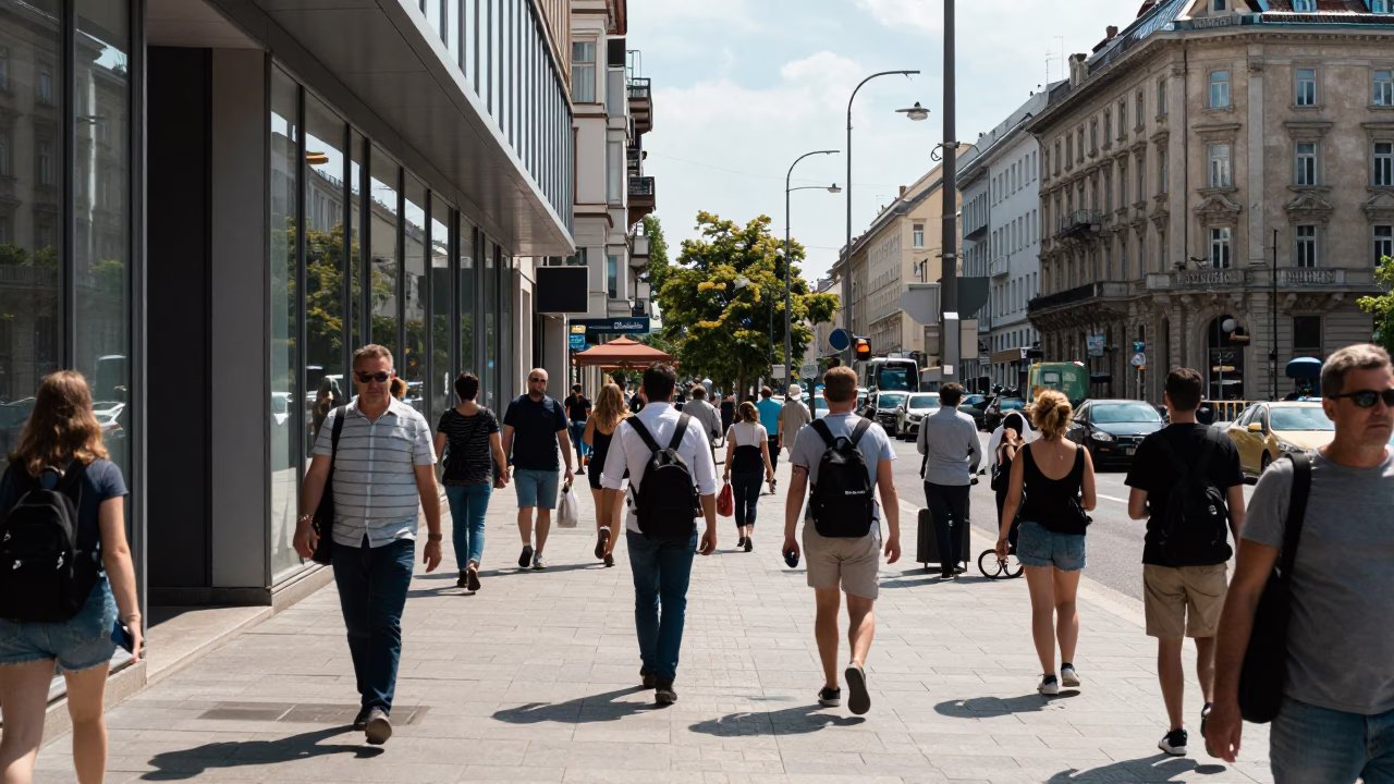 Busy Budapest Street Scene Under Flat Noon Glare with Monorail Reflection in in Budapest, Hungary