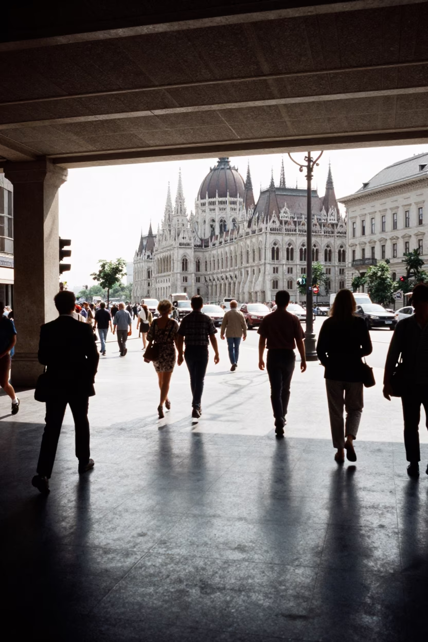 Busy Budapest Street Scene Under Flat Noon Glare with Pedestrian Overpass and Urban Details in in Budapest, Hungary