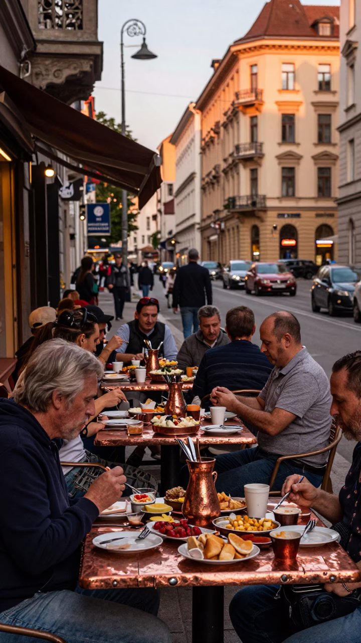 Busy Budapest Street Scene with Mezze Spread on Copper Tray Before Dusk in in Budapest, Hungary