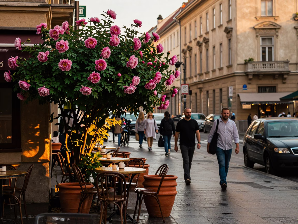 Busy Budapest Street Scene with Peony Bush and Terracotta Pot in Honeyed Evening Light in in Budapest, Hungary