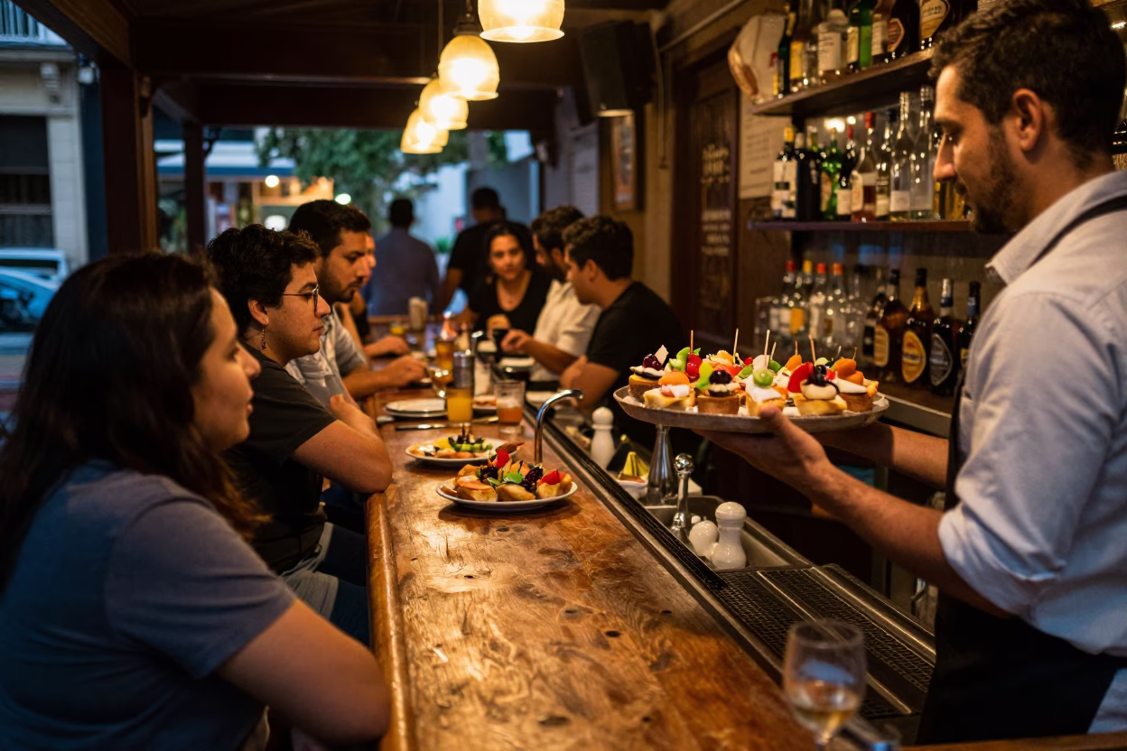 Busy Buenos Aires Bar Counter with Spanish Pintxos and Local Evening Atmosphere in in Buenos Aires, Argentina