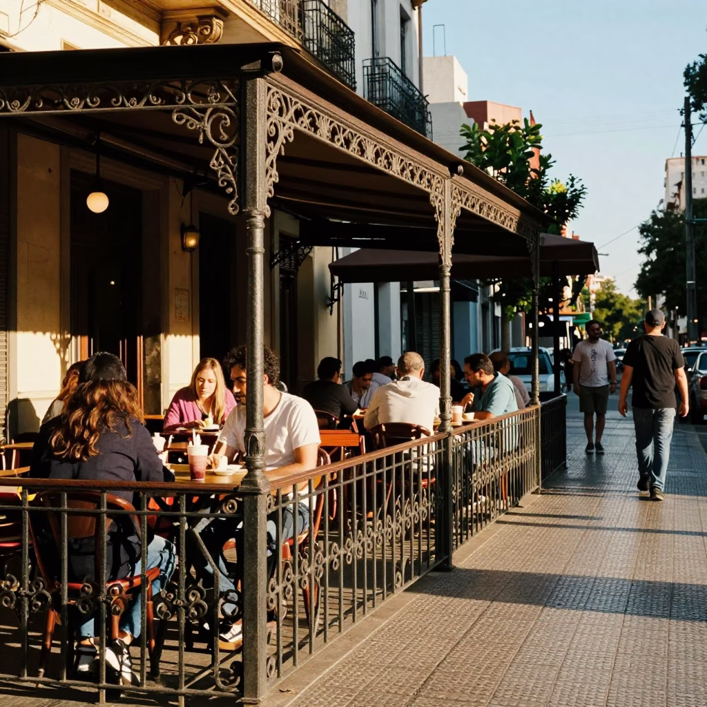 Busy Buenos Aires Cafe Terrace in Late Afternoon Light with Newspaper Stack and Basket in in Buenos Aires, Argentina
