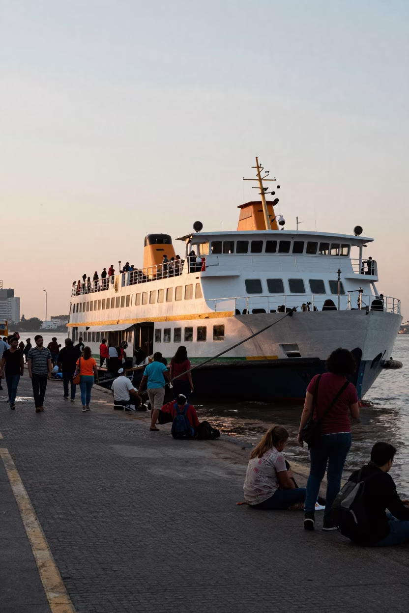 Busy Buenos Aires Ferry Dock at Dawn Loading Passengers and Bicycles in in Buenos Aires, Argentina