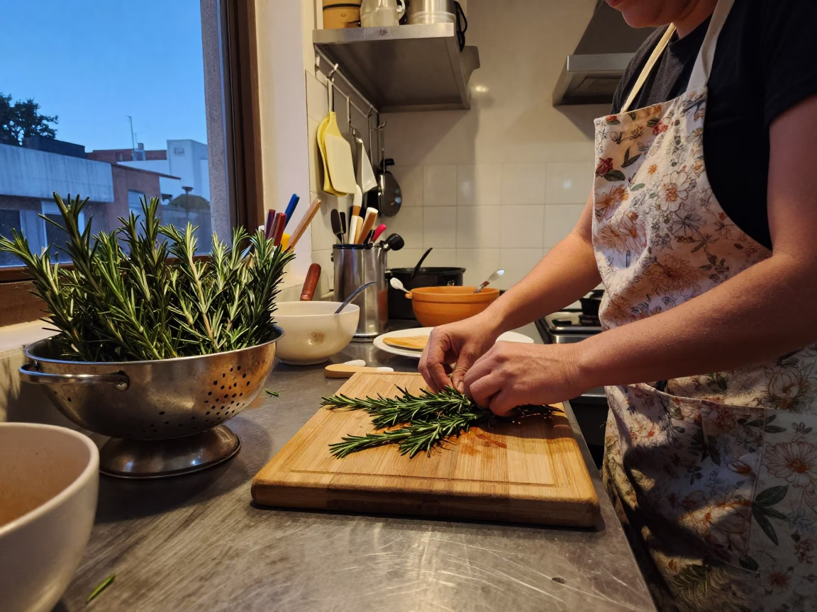 Busy Buenos Aires Kitchen Late Afternoon with Rosemary and Colander in in Buenos Aires, Argentina