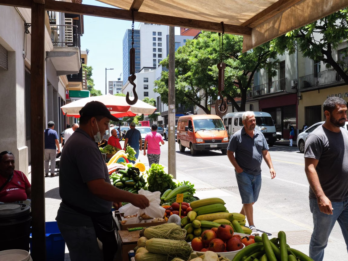 Busy Buenos Aires Midday Street Scene with Iron Hook and Rake Head in in Buenos Aires, Argentina