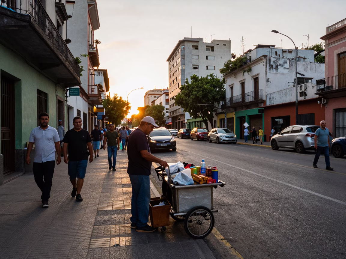 Busy Buenos Aires street corner at golden hour with local vendors and pedestrians in in Buenos Aires, Argentina