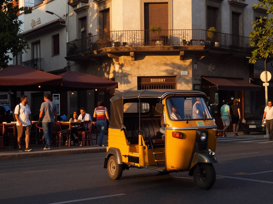 Busy Buenos Aires Street Corner at Sunset with Auto Rickshaw and Blue Porcelain Jar in in Buenos Aires, Argentina
