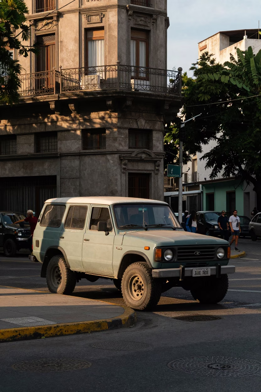Busy Buenos Aires Street Corner Late Afternoon Light with Vintage SUV and Hanging Plants in in Buenos Aires, Argentina