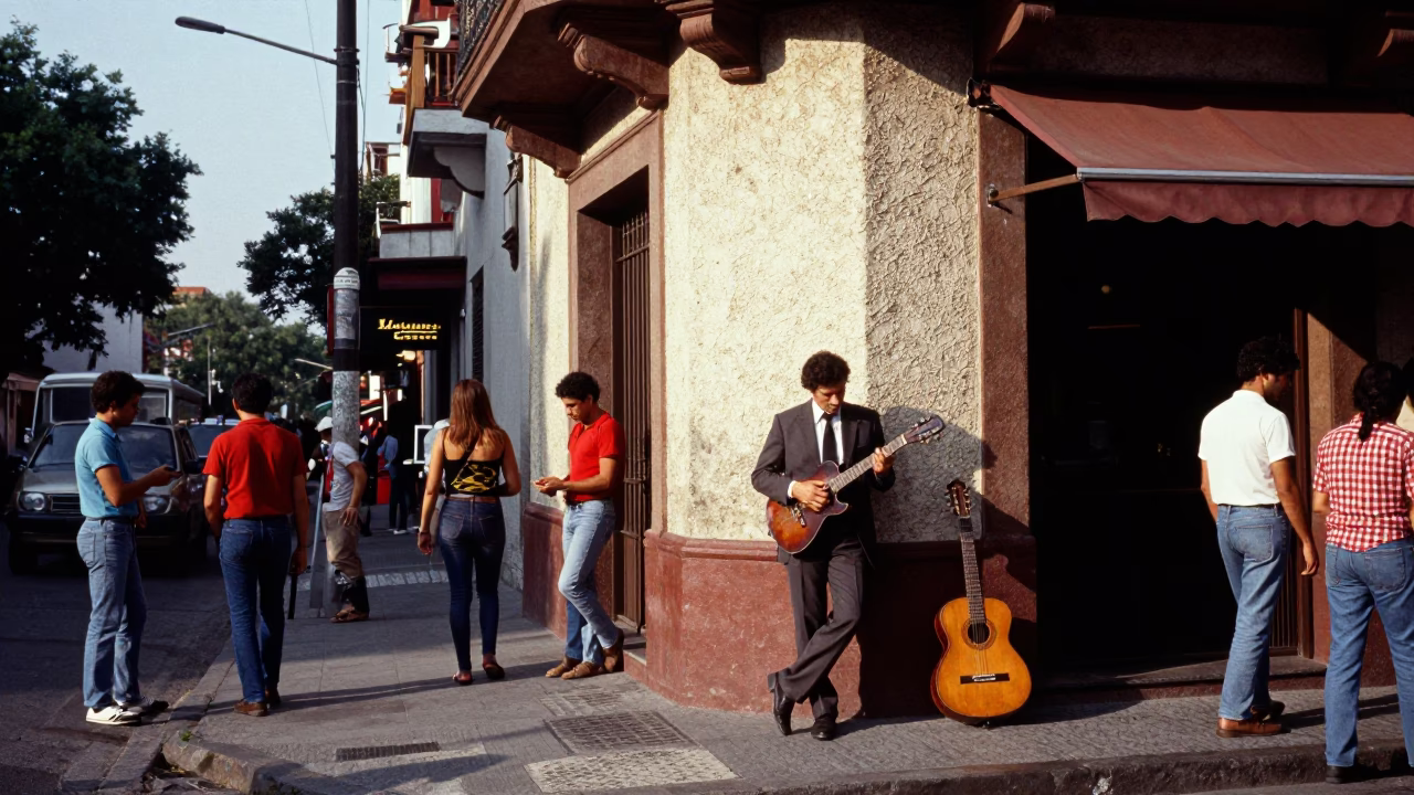 Busy Buenos Aires Street Corner Late Morning with Vintage Guitar Case and Local Pedestrians in in Buenos Aires, Argentina