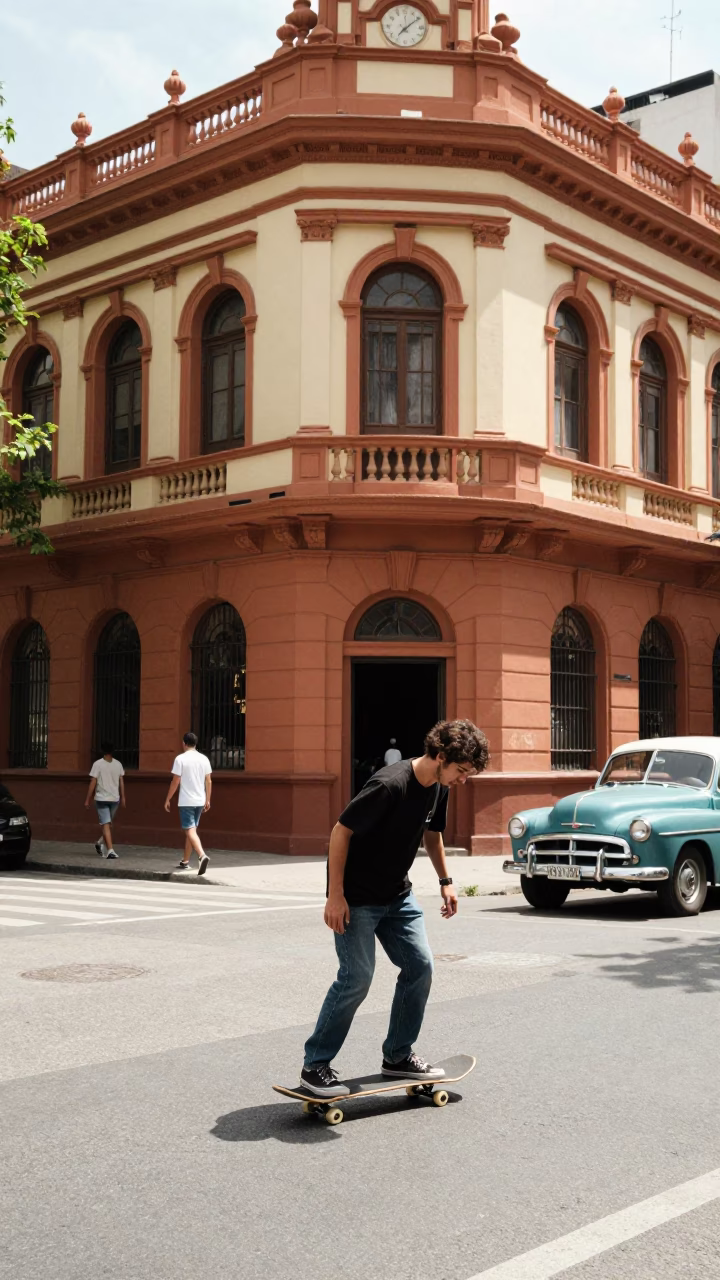 Busy Buenos Aires Street Corner Midday with Skateboarder and Classic Architecture in in Buenos Aires, Argentina