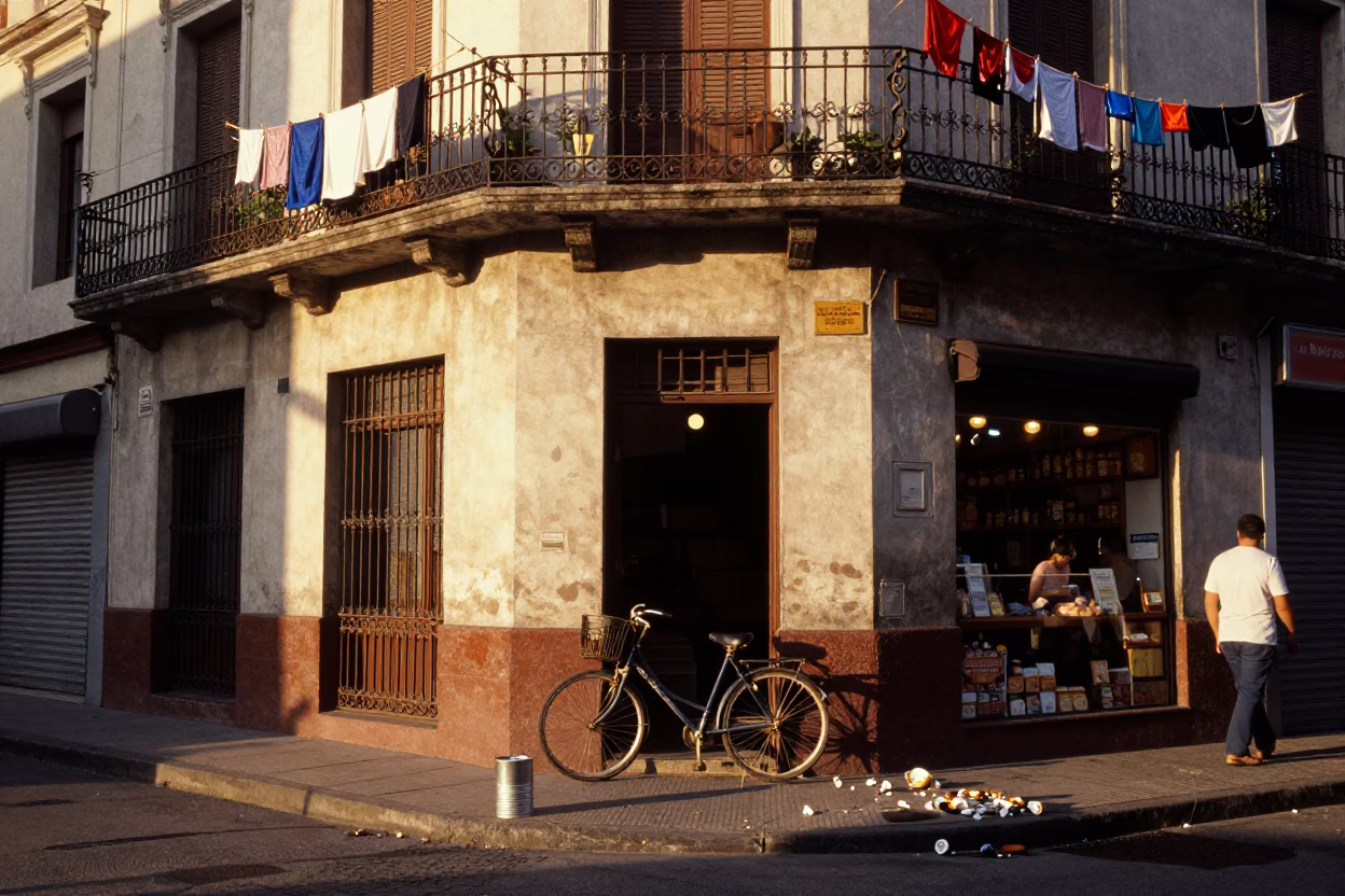 Busy Buenos Aires Street Corner with Bicycle and Bakery in Honeyed Evening Light in in Buenos Aires, Argentina