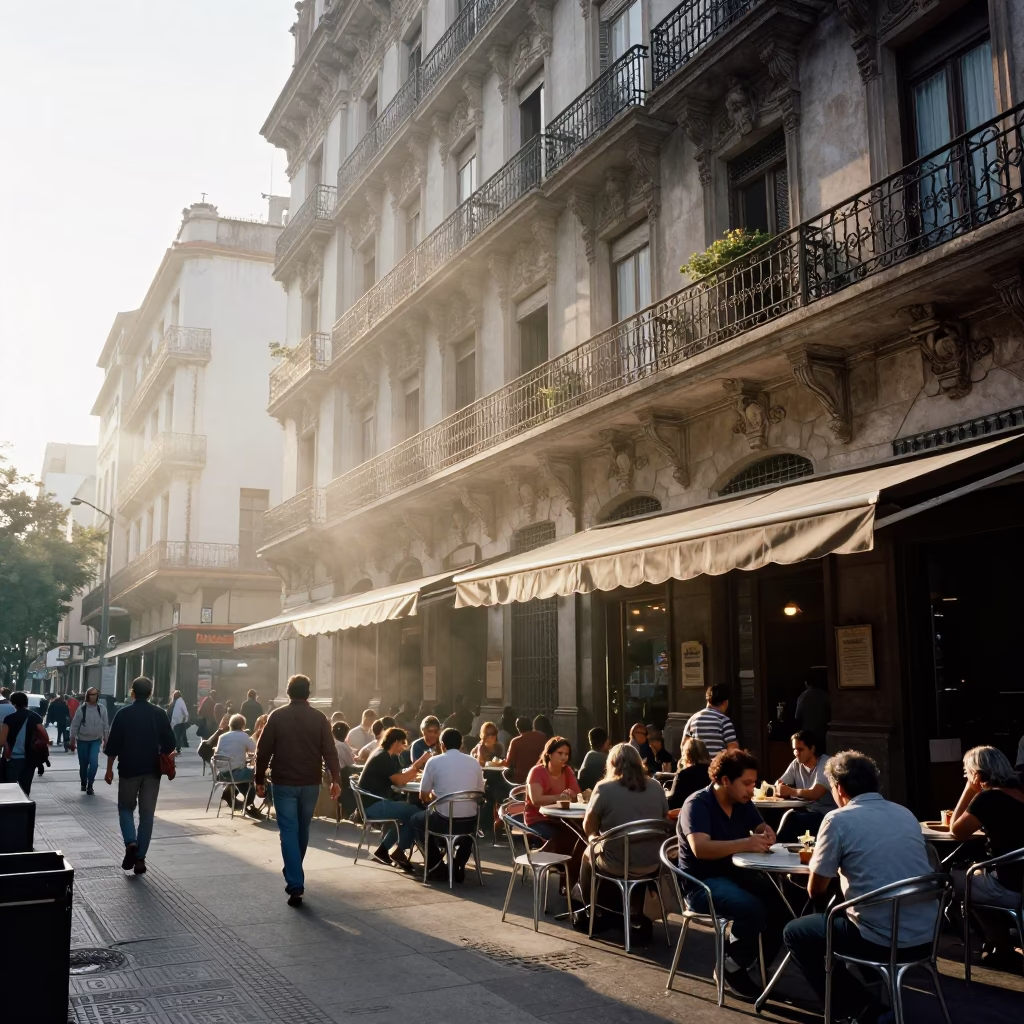 Busy Buenos Aires Street Scene After Sunrise with Condensation and Local Life in in Buenos Aires, Argentina