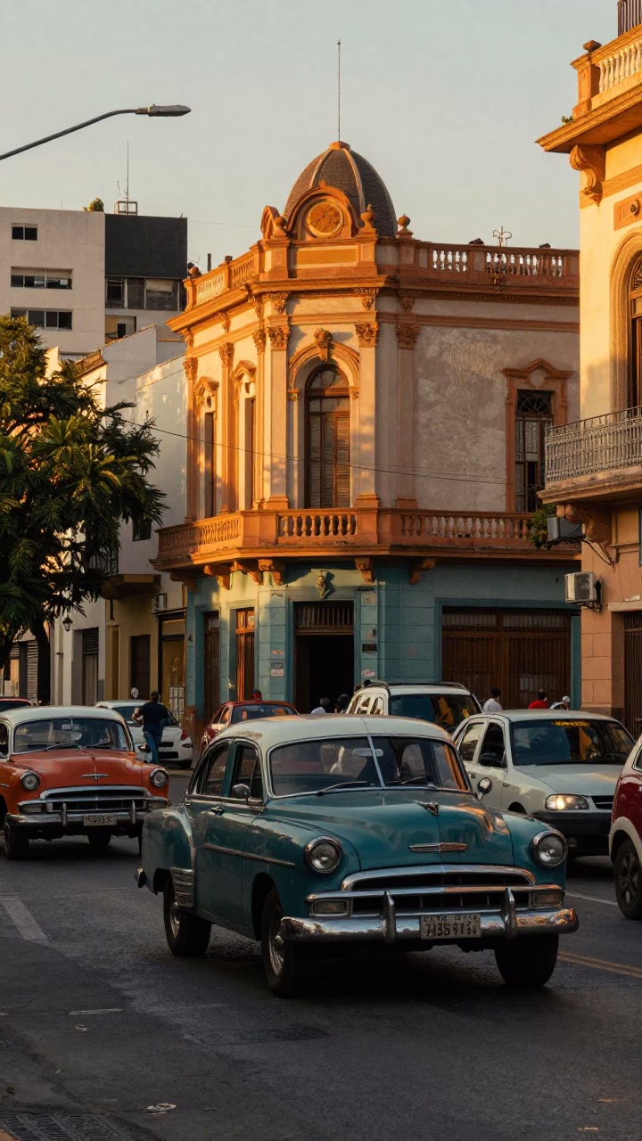 Busy Buenos Aires Street Scene at Golden Hour with Vintage Cars and Local Life in in Buenos Aires, Argentina