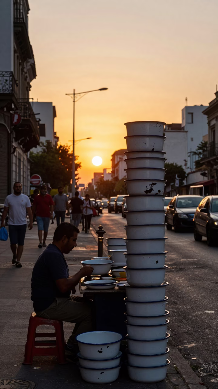 Busy Buenos Aires Street Scene at Sunset with Enamel Bowls and Local Market Activity in in Buenos Aires, Argentina