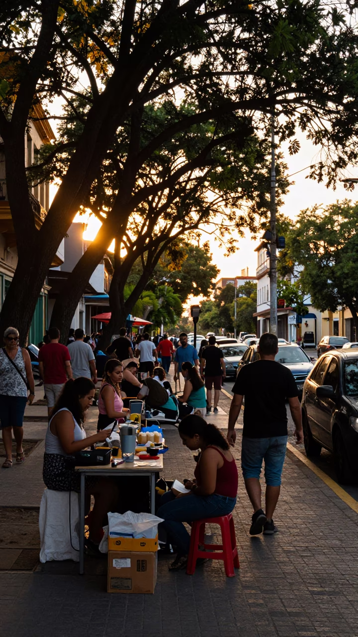 Busy Buenos Aires Street Scene at Sunset with Local Vendors and Pedestrians in in Buenos Aires, Argentina