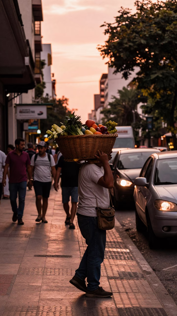 Busy Buenos Aires Street Scene in Copper Toned Light Before Dusk in in Buenos Aires, Argentina