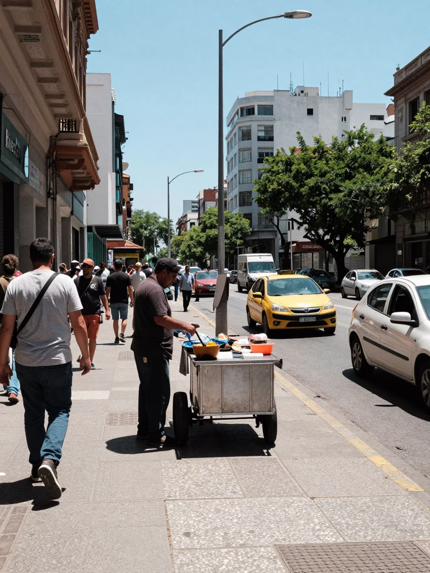 Busy Buenos Aires Street Scene Under Flat Noon Glare with Local Interaction in in Buenos Aires, Argentina