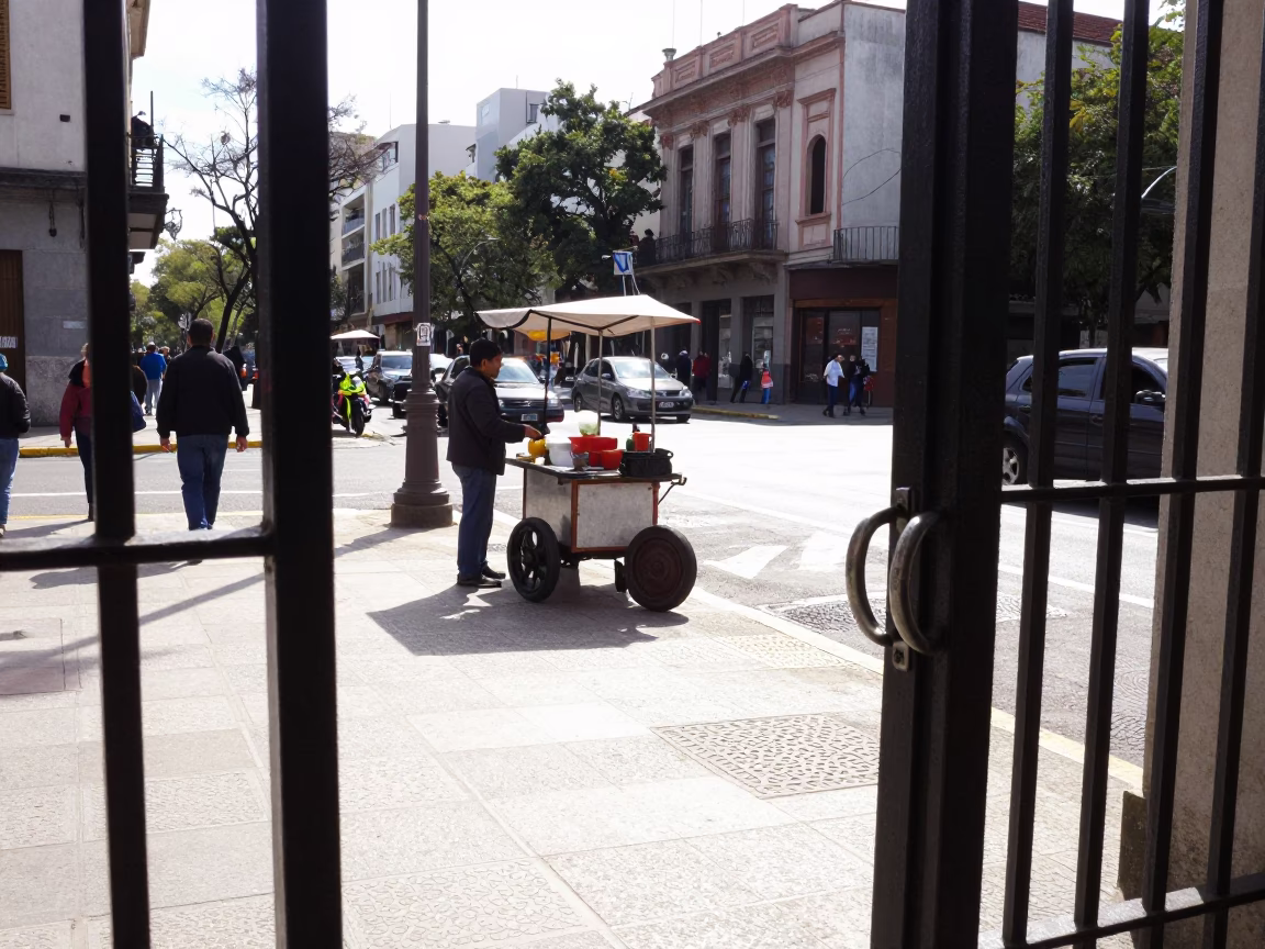 Busy Buenos Aires Street Scene with Metal Gate Handle and Cooler Jug in in Buenos Aires, Argentina