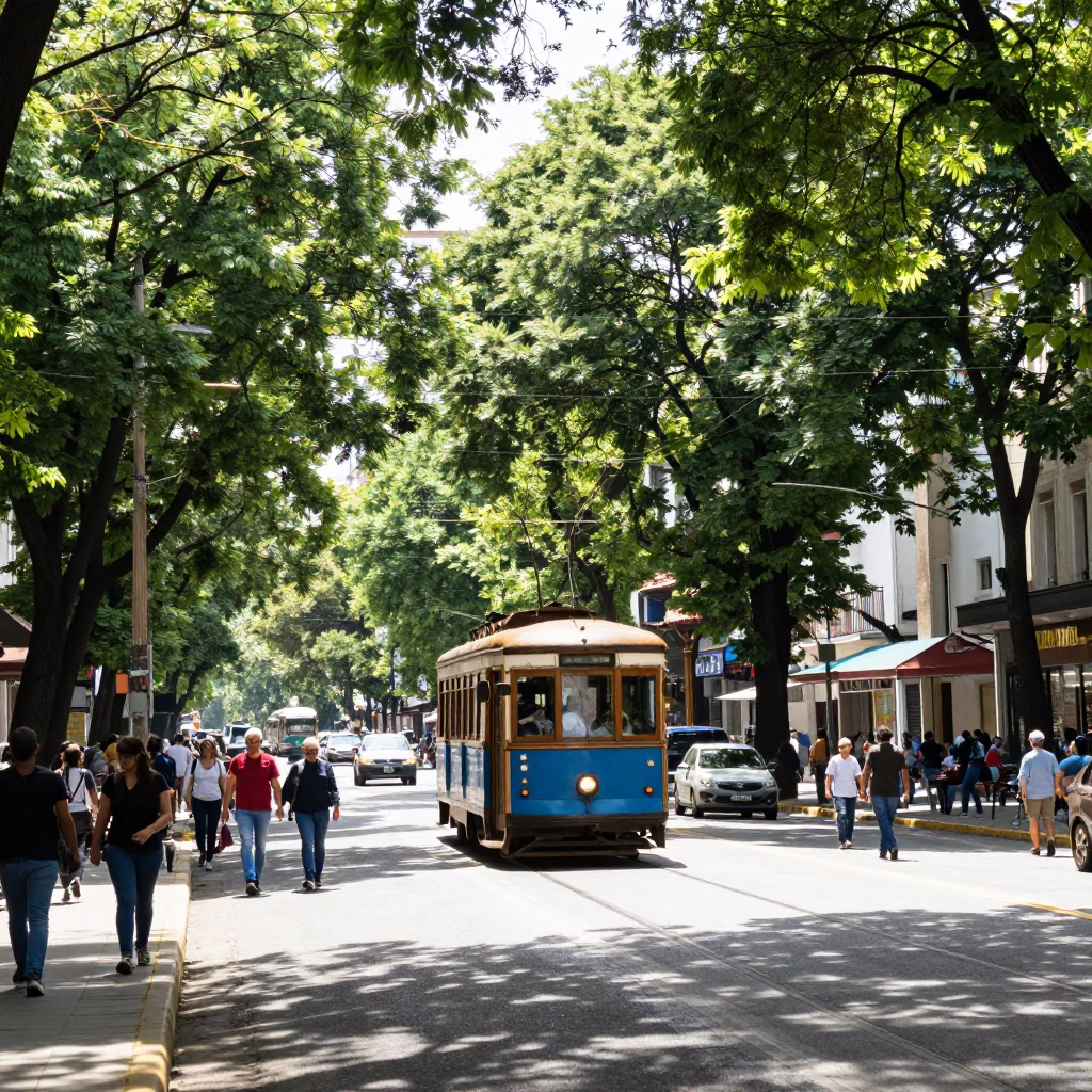 Busy Buenos Aires Street Scene with Tramcar and Pedestrians in Midmorning Light in in Buenos Aires, Argentina