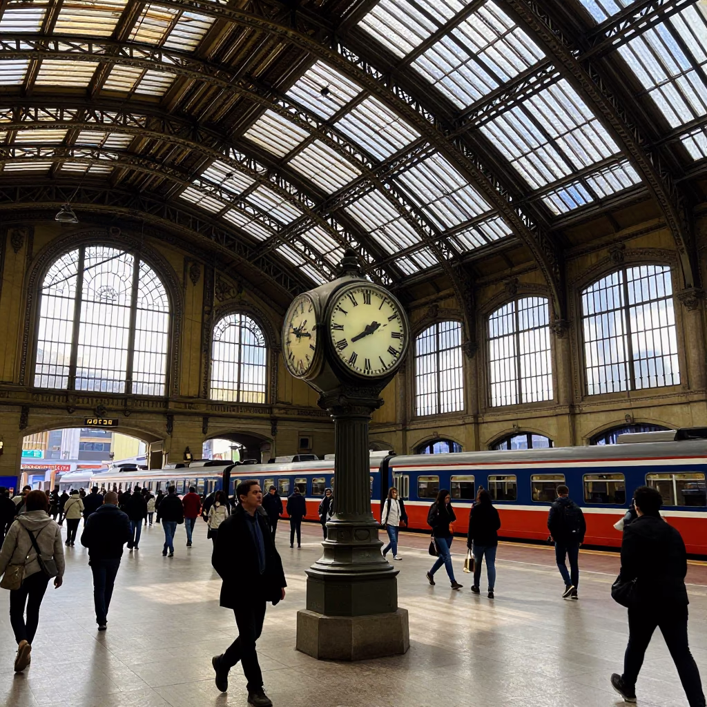 Busy Buenos Aires Train Station Clock Under Iron Vaulted Roof Late Afternoon in in Buenos Aires, Argentina