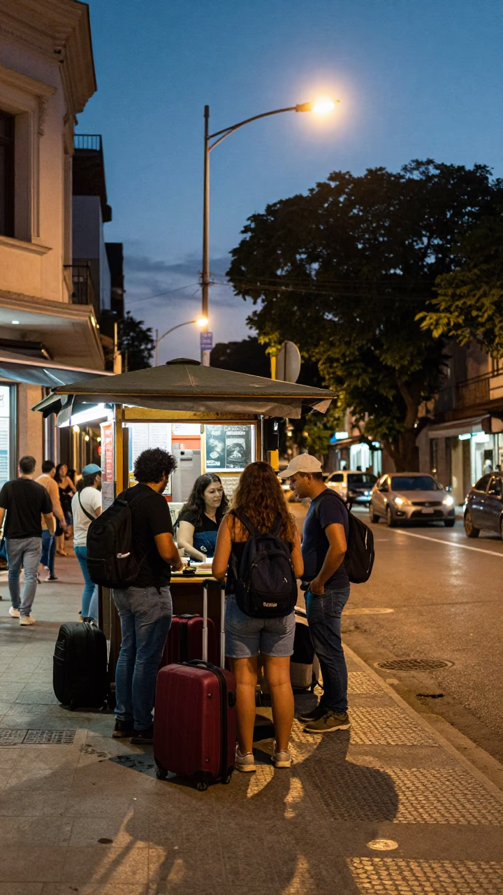 Busy Buenos Aires Twilight Street Scene with Travelers and Local Vendors in in Buenos Aires, Argentina