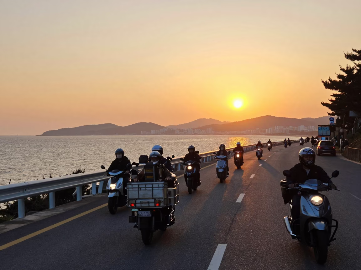 Busy Busan Coastal Highway Sunset Motorcycle Convoy with Cargo Ship Horizon in in Busan, South Korea