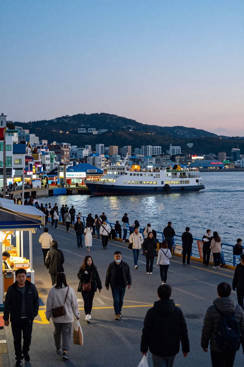 Busy Busan Evening Street Scene with Ferry Dock Activity and Local Life in in Busan, South Korea