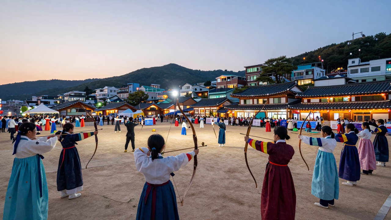 Busy Busan Evening Street Scene with Traditional Archery Contest and Local Diners in in Busan, South Korea