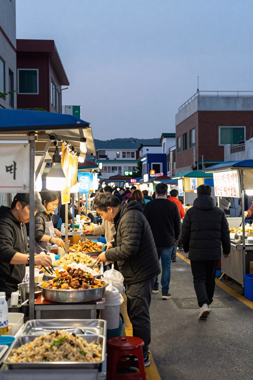 Busy Busan Evening Street Scene with Traditional Food Stall and Local Diners in in Busan, South Korea