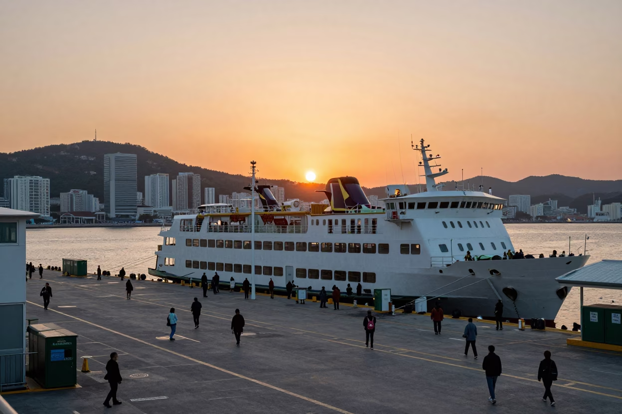 Busy Busan Ferry Terminal at Sunset with Commuters and Bicycles in in Busan, South Korea