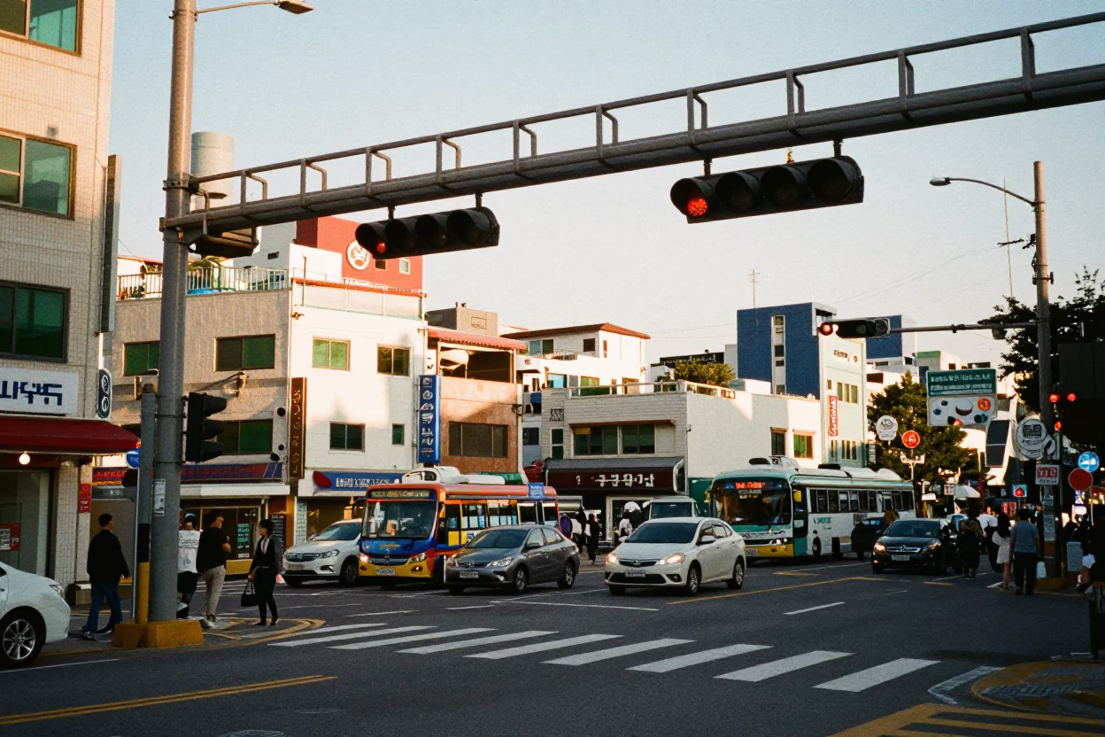 Busy Busan Late Afternoon Street Scene with Signal Gantry and Overpass Ramp in in Busan, South Korea