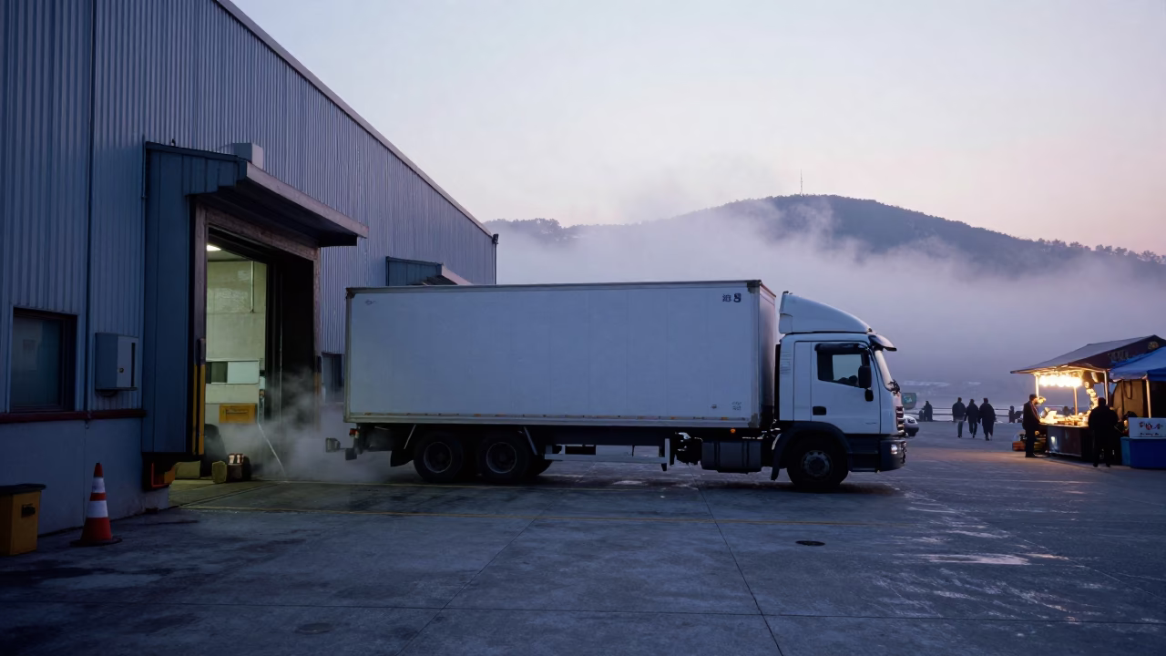 Busy Busan Loading Dock at Dawn with Semi-Trailer and Morning Mist in in Busan, South Korea