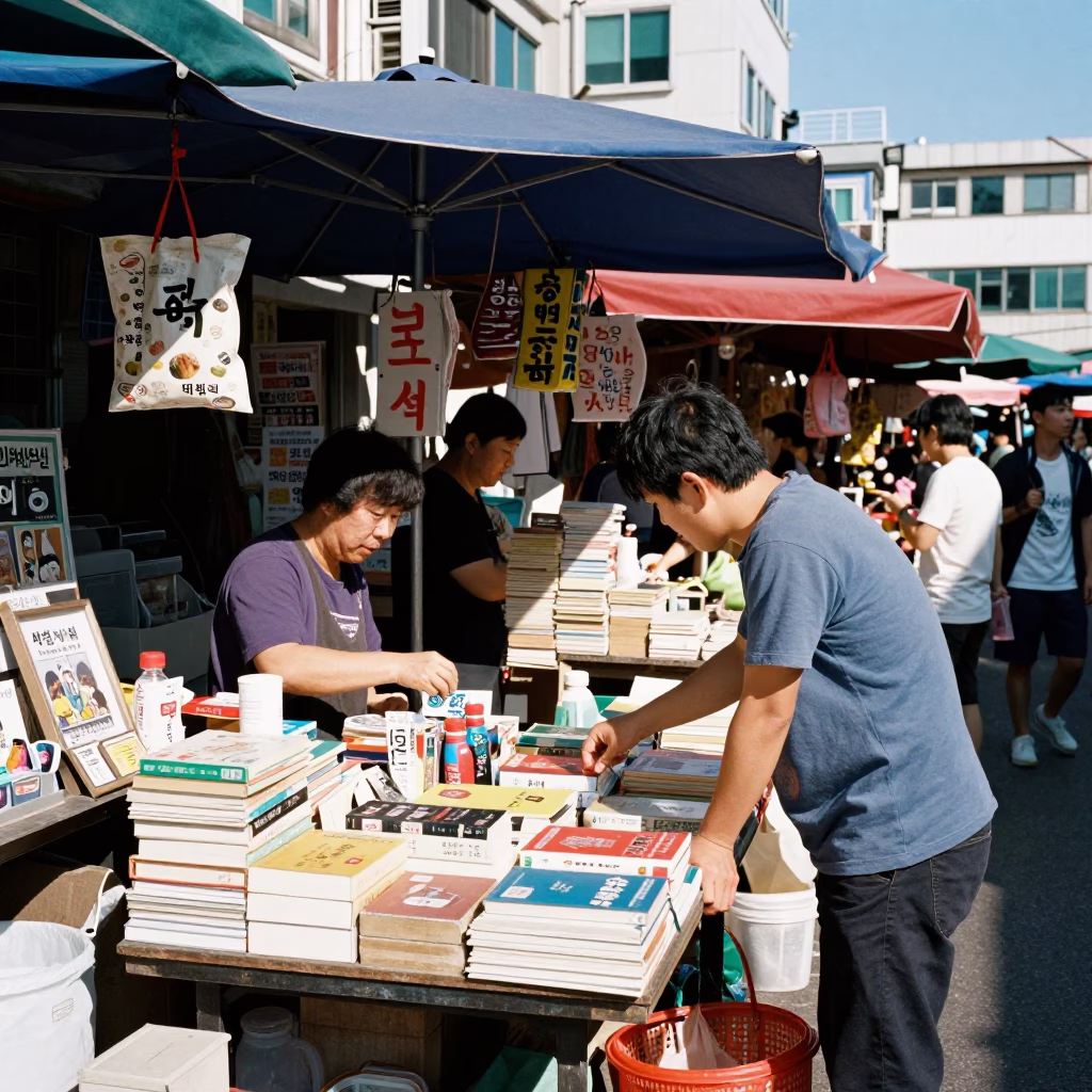 Busy Busan Market Stall with University Books and Tiffin Tin Under Noon Sun in in Busan, South Korea