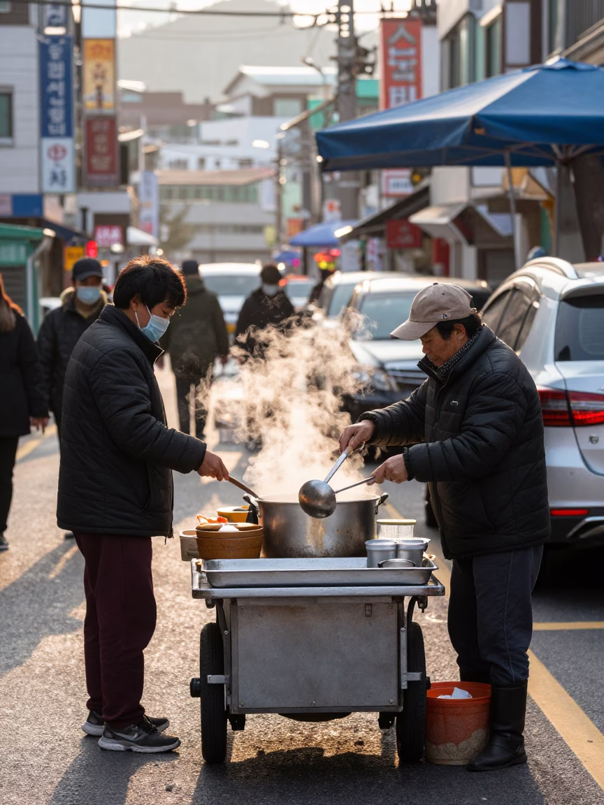 Busy Busan Morning Street Scene with Ladle and Ashtray on Vendor Cart in in Busan, South Korea
