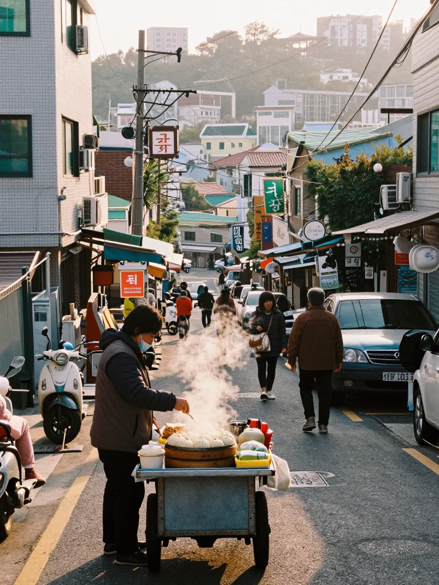 Busy Busan Morning Street Scene with Vintage Details and Local Life in in Busan, South Korea