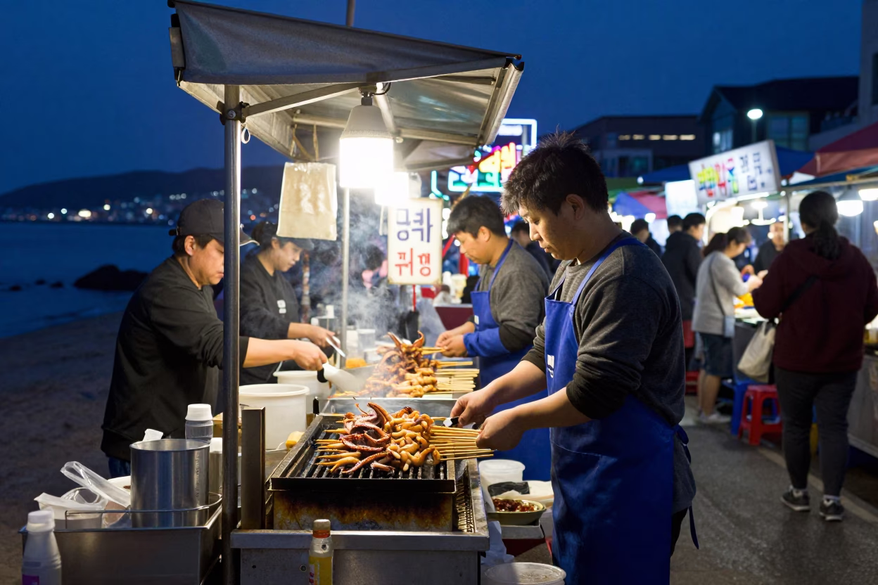 Busy Busan Night Market Stall with Neon Lights and Steam in Predawn Darkness in in Busan, South Korea