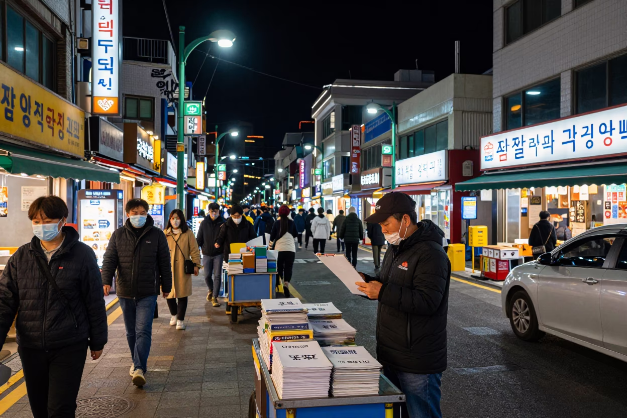 Busy Busan Night Street Scene with Clipboard and Sodium Lamp Illumination in in Busan, South Korea