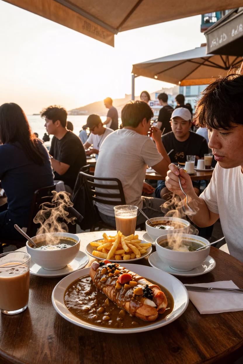 Busy Busan Street Cafe Dining Experience with Currywurst and Rice Bowls at Golden Hour in in Busan, South Korea