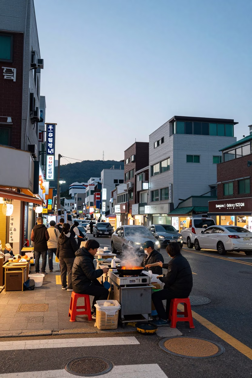 Busy Busan Street Corner at Dawn with Sizzling Pan and Ladle in in Busan, South Korea