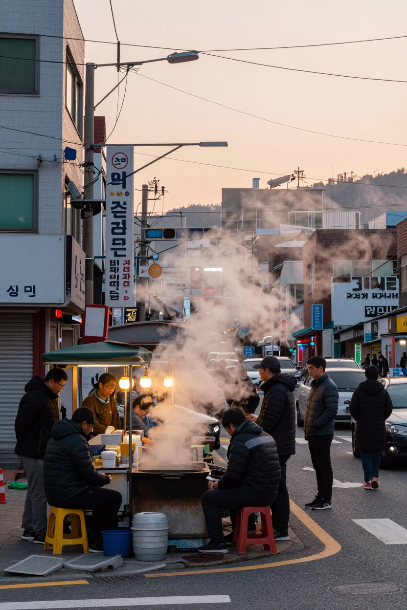 Busy Busan Street Corner at Dawn with Steam and Ceramic Tiles in in Busan, South Korea