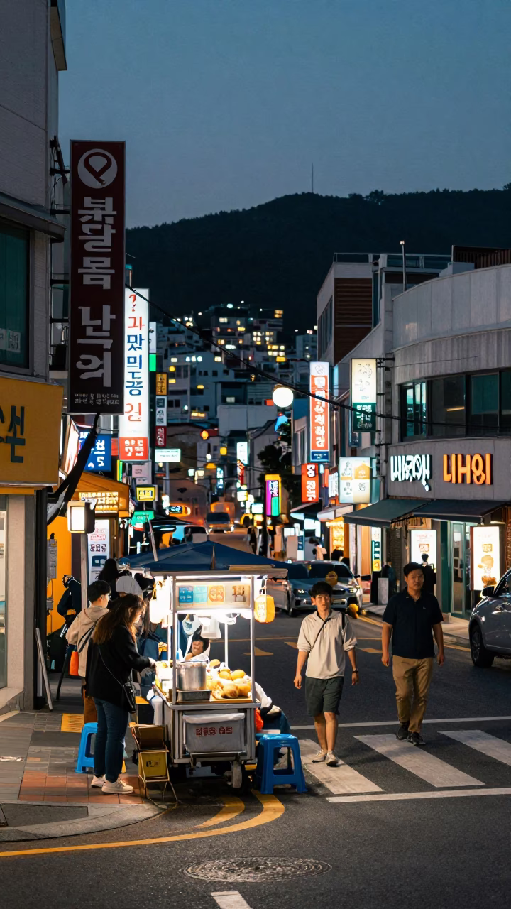 Busy Busan Street Corner at Dusk with Neon Signs and Urban Life in in Busan, South Korea